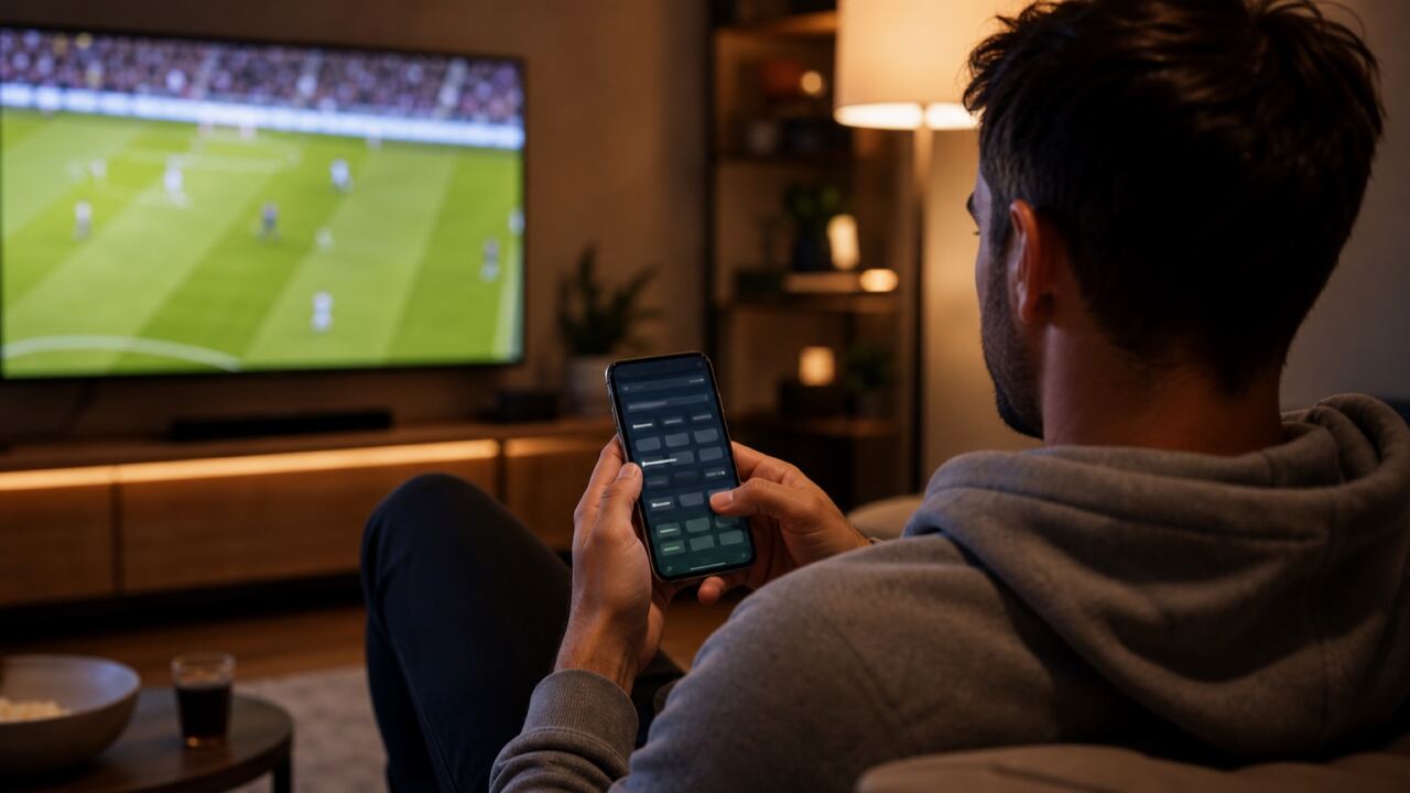 Parieur suivant un match de football à la télévision, application de paris sportifs ouverte sur son smartphone