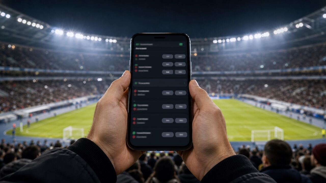 Parieur utilisant une application de paris sportifs sur smartphone dans un stade de football