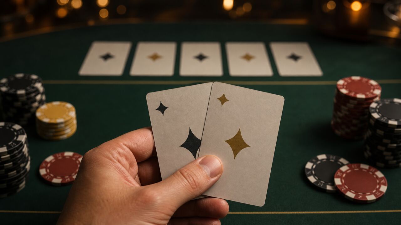 Main de départ tenue au-dessus du tapis, avec les cartes communes du flop