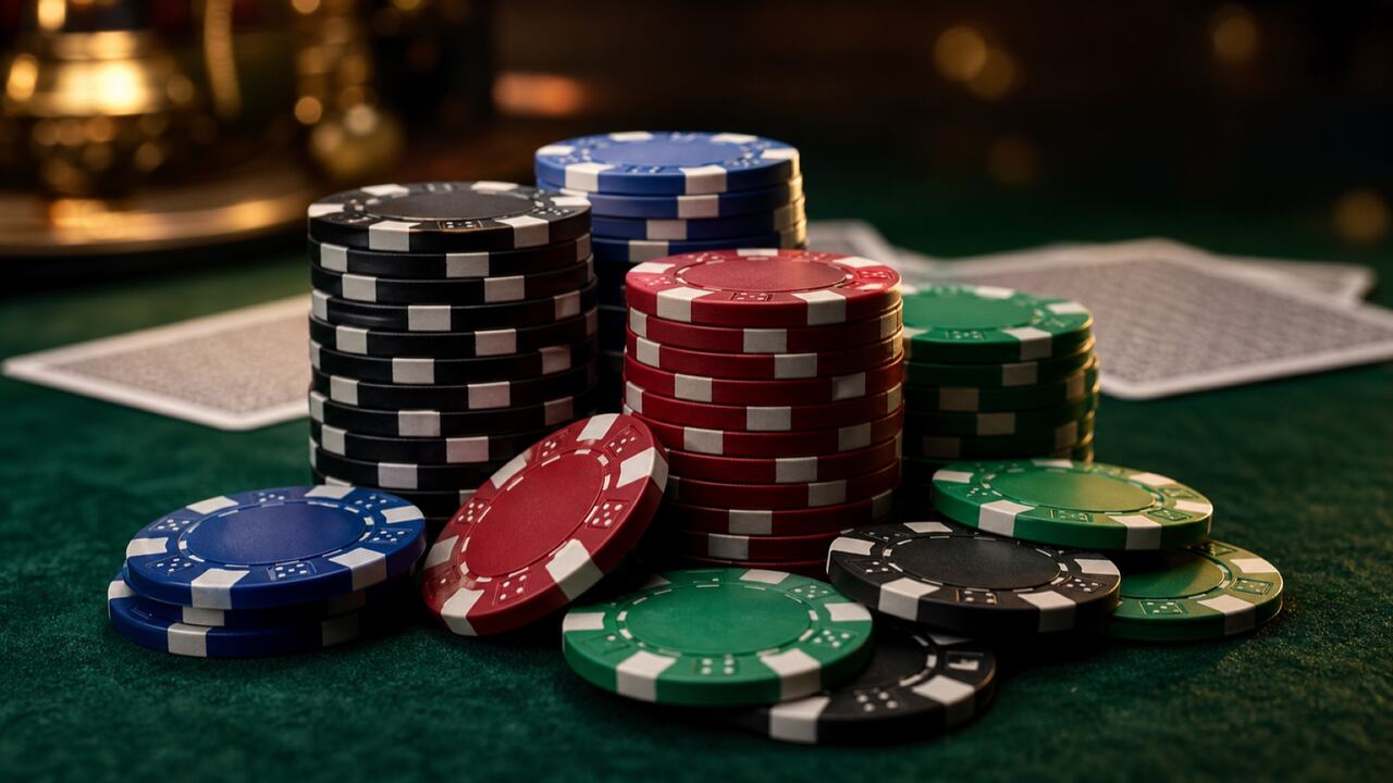 Piles de jetons de poker de couleurs sur un tapis vert