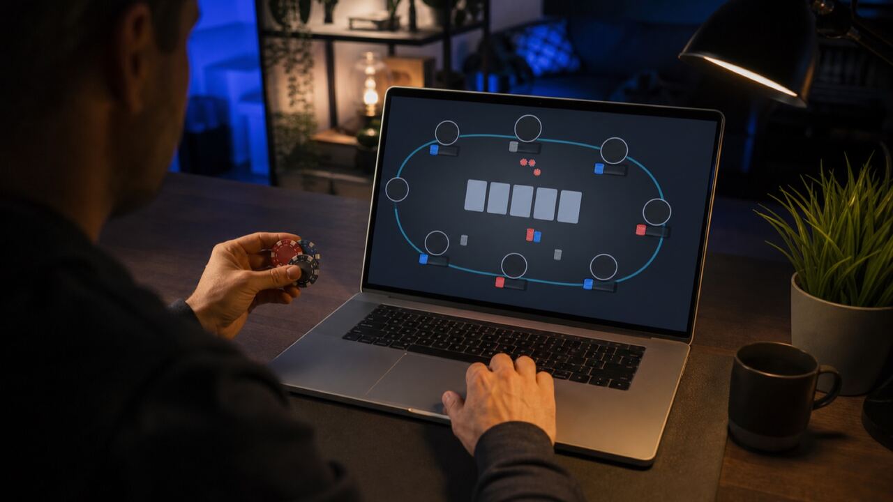 Joueur disputant une partie de poker en ligne gratuite sur ordinateur portable