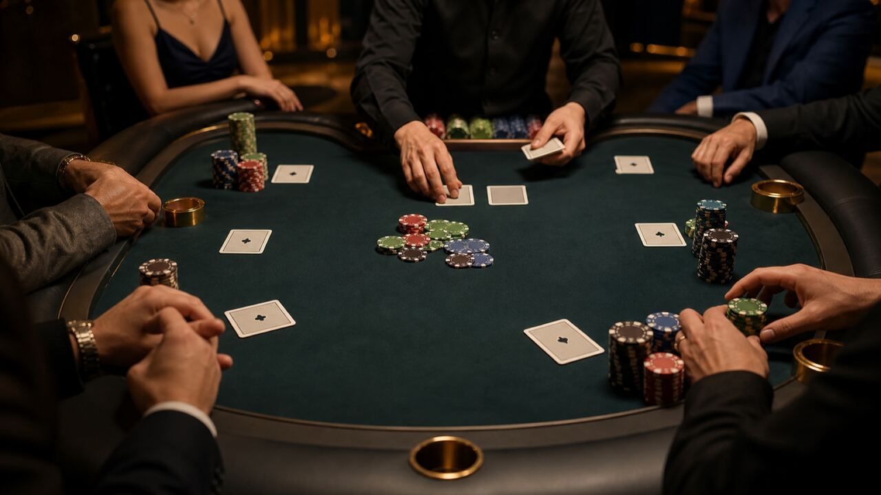 Table de poker en argent réel : cartes distribuées et jetons sur tapis vert