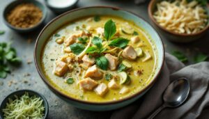 Soupe au cari vert, au coco et au poulet