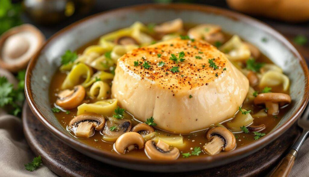 Foie gras poché dans un bouillon de volaille, champignons, chou et coriandre pour 4 personnes - Recettes